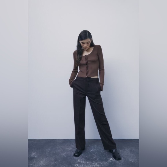 Zara Ribbed  Crop Cardigan Velvet Lined Buttons Knit Brown Women's‎ Size Medium - Picture 7 of 13